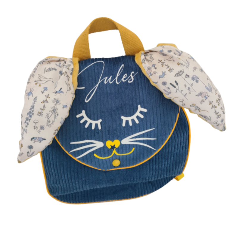 Sac à dos petit lapin maternelle / crèche velours et liberty Theo personnalisé
