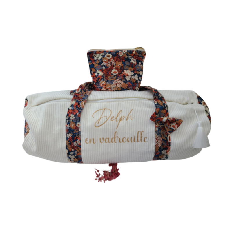 Sac bowling (sac week-end) en liberty Thorpe/ velours écru, personnalisé